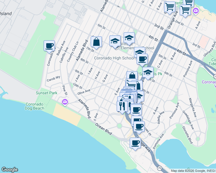 map of restaurants, bars, coffee shops, grocery stores, and more near 861 G Avenue in Coronado