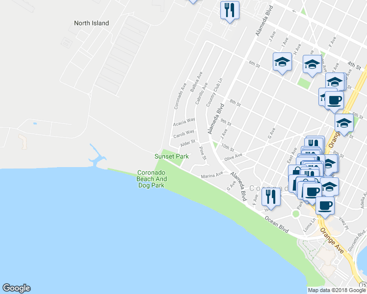 map of restaurants, bars, coffee shops, grocery stores, and more near 151 Alder Street in Coronado