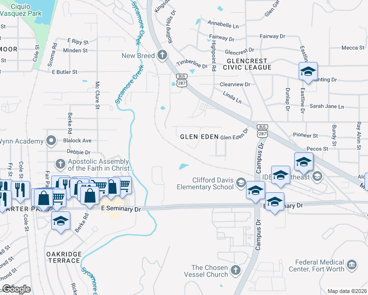 map of restaurants, bars, coffee shops, grocery stores, and more near 5125 Glen Eden Drive in Fort Worth
