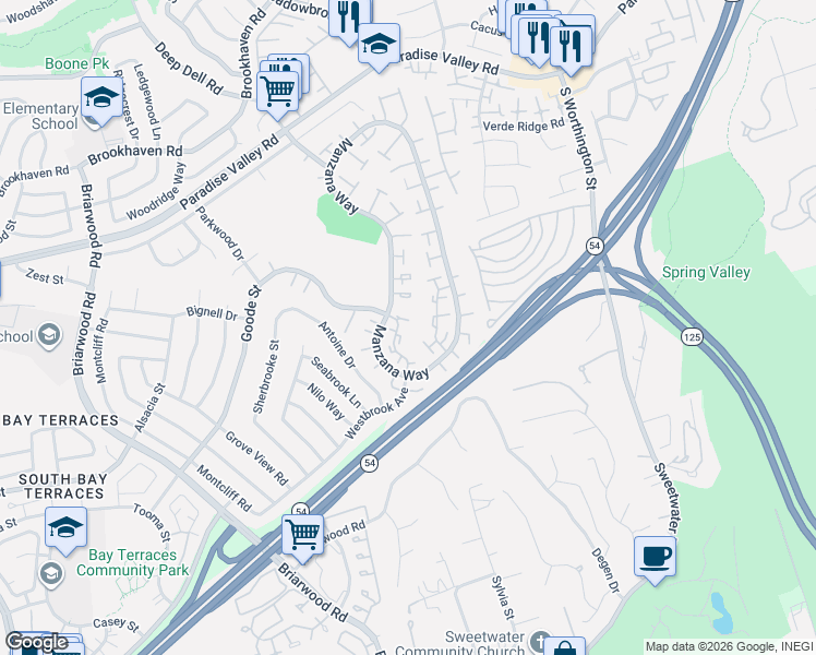 map of restaurants, bars, coffee shops, grocery stores, and more near 1629 Manzana Way in San Diego