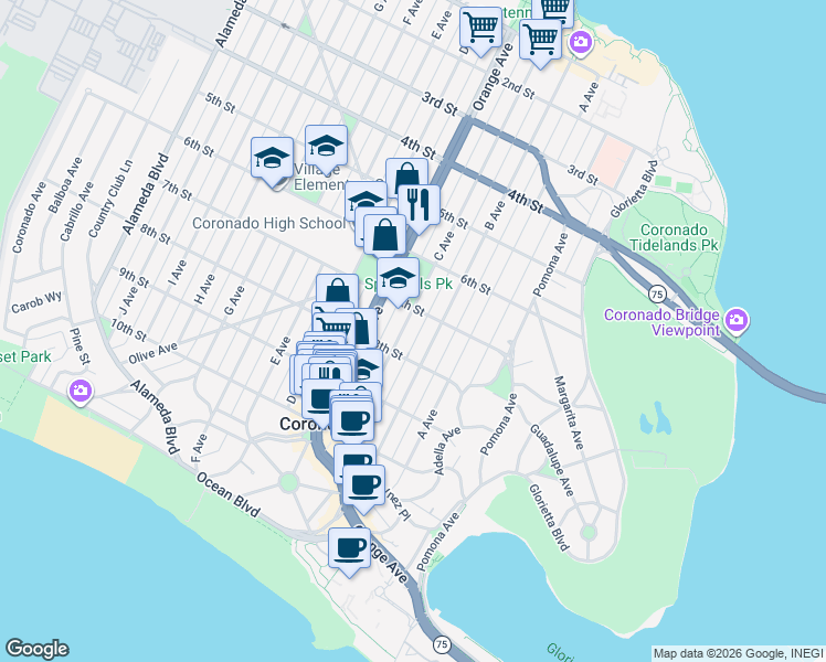 map of restaurants, bars, coffee shops, grocery stores, and more near 672 B Avenue in Coronado
