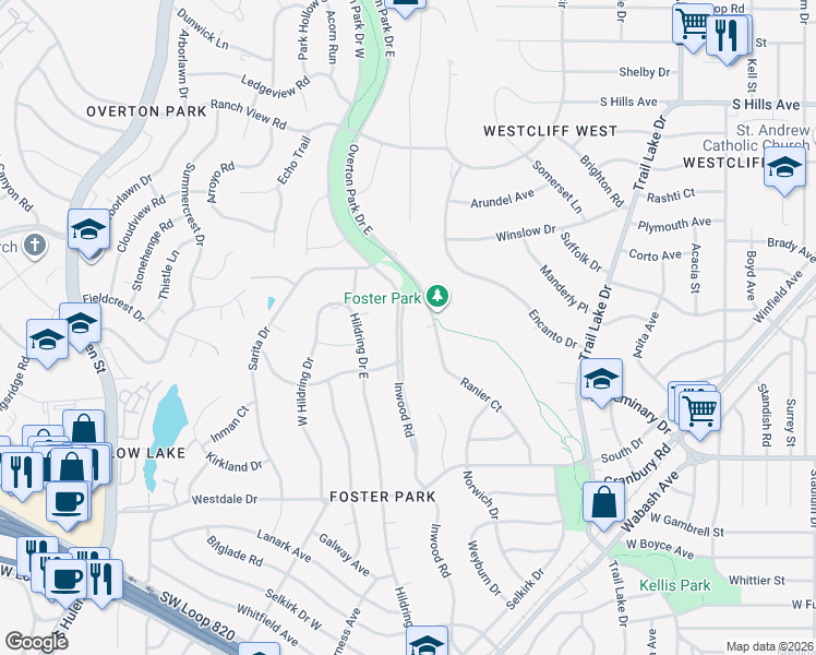 map of restaurants, bars, coffee shops, grocery stores, and more near 3932 Overton Park Drive West in Fort Worth