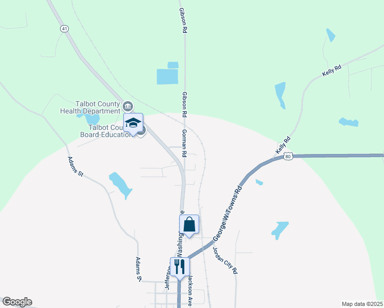 map of restaurants, bars, coffee shops, grocery stores, and more near Pierce Street in Talbotton