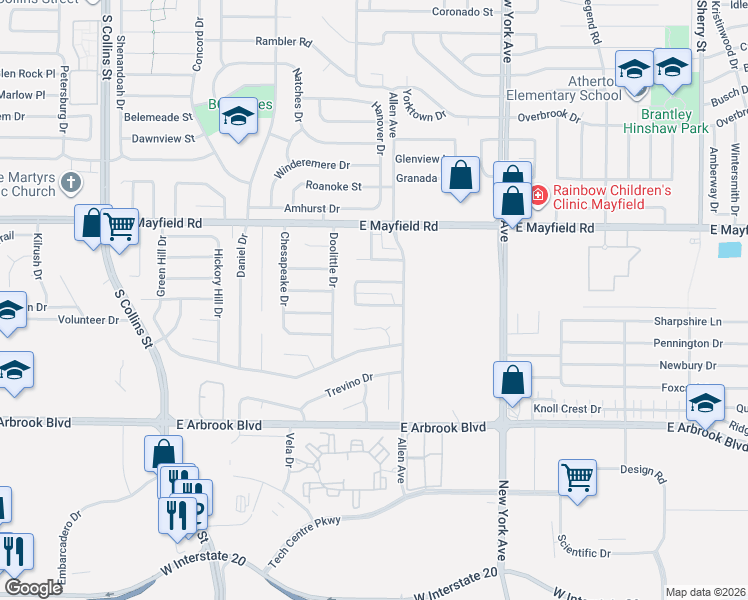 map of restaurants, bars, coffee shops, grocery stores, and more near 1519 Creek Bank Lane in Arlington