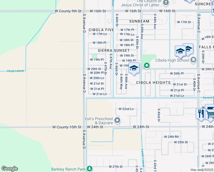 map of restaurants, bars, coffee shops, grocery stores, and more near 2137 South 47th Drive in Yuma