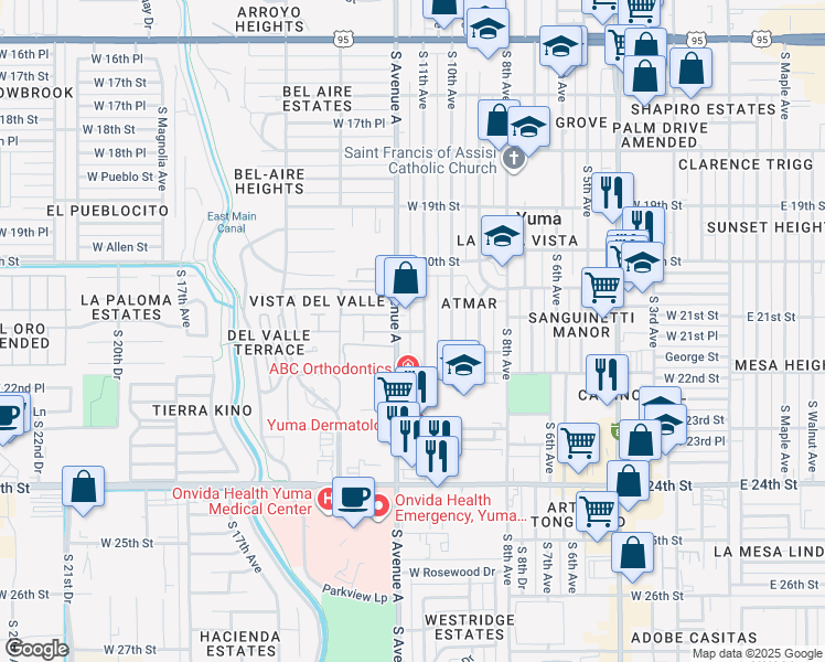 map of restaurants, bars, coffee shops, grocery stores, and more near 1142 West 21st Street in Yuma