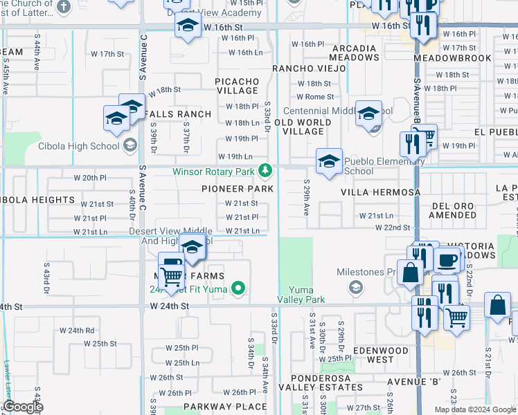 map of restaurants, bars, coffee shops, grocery stores, and more near 3411 West 21st Street in Yuma
