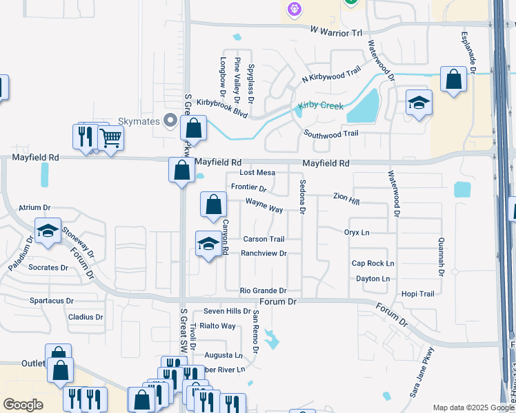 map of restaurants, bars, coffee shops, grocery stores, and more near 2454 Wayne Way in Grand Prairie
