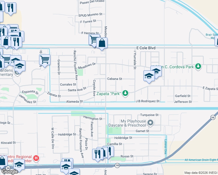 map of restaurants, bars, coffee shops, grocery stores, and more near 1107 J H Black Court in Calexico