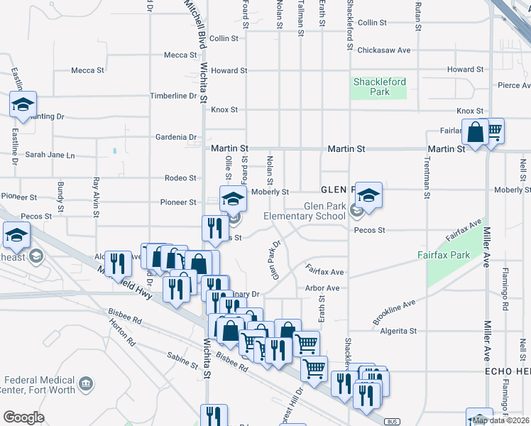 map of restaurants, bars, coffee shops, grocery stores, and more near 4908 Nolan Street in Fort Worth