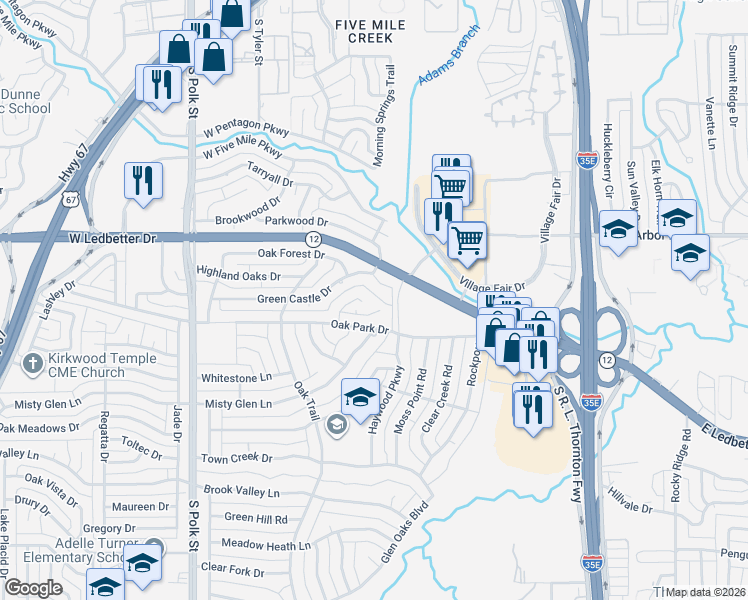 map of restaurants, bars, coffee shops, grocery stores, and more near 626 Green Castle Drive in Dallas
