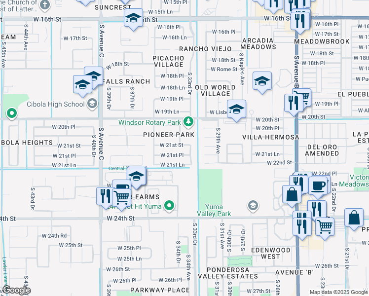 map of restaurants, bars, coffee shops, grocery stores, and more near 3411 West 21st Street in Yuma