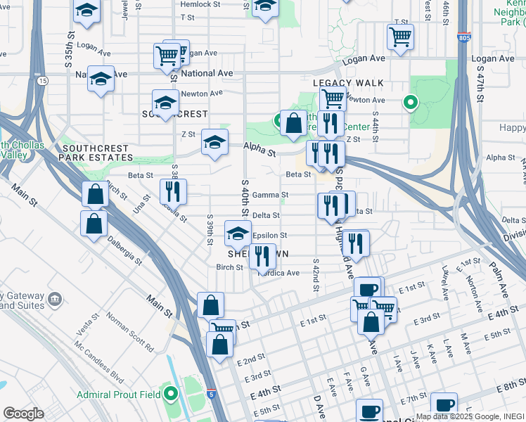 map of restaurants, bars, coffee shops, grocery stores, and more near 4048 Delta Street in San Diego