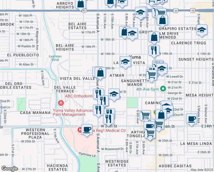 map of restaurants, bars, coffee shops, grocery stores, and more near 2050 South 10th Avenue in Yuma