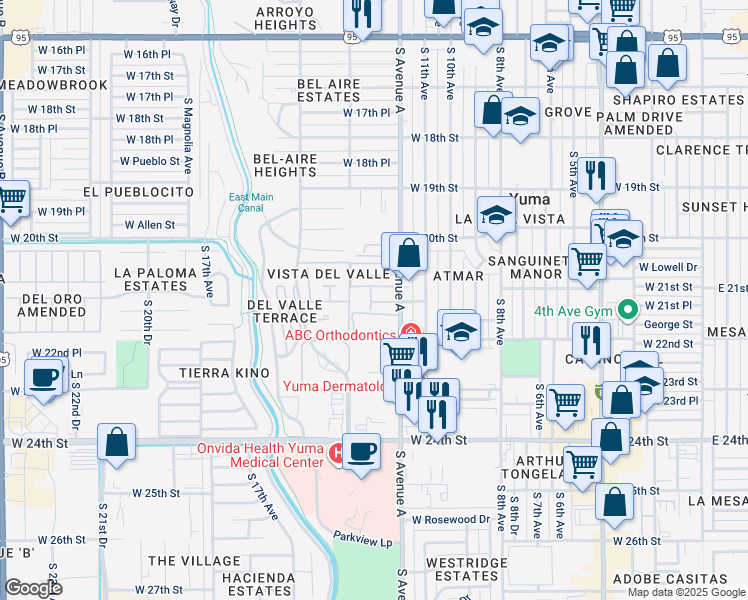 map of restaurants, bars, coffee shops, grocery stores, and more near 1253 West 20th Place in Yuma