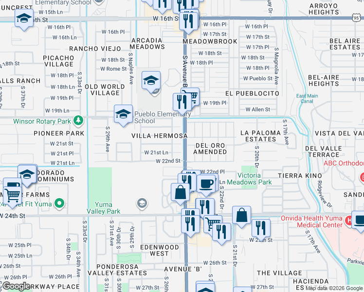 map of restaurants, bars, coffee shops, grocery stores, and more near 2501-2513 W 21st St in Yuma