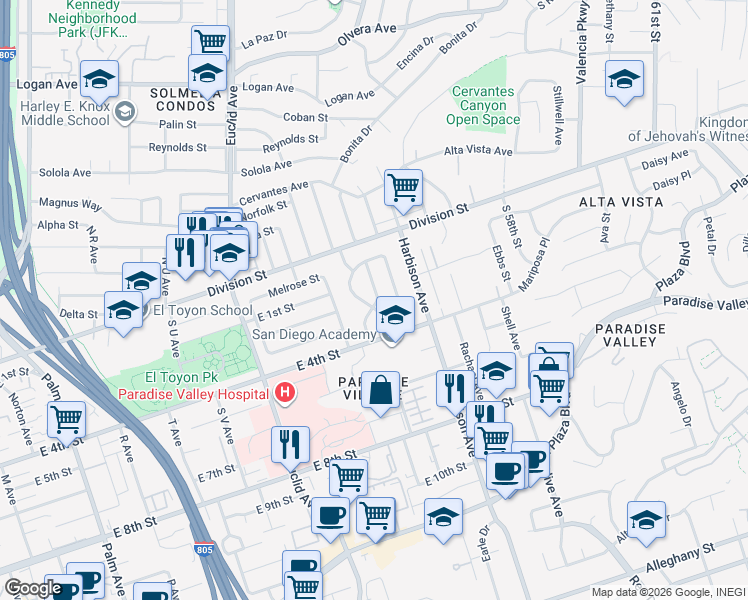 map of restaurants, bars, coffee shops, grocery stores, and more near 118 South Belmont Avenue in National City