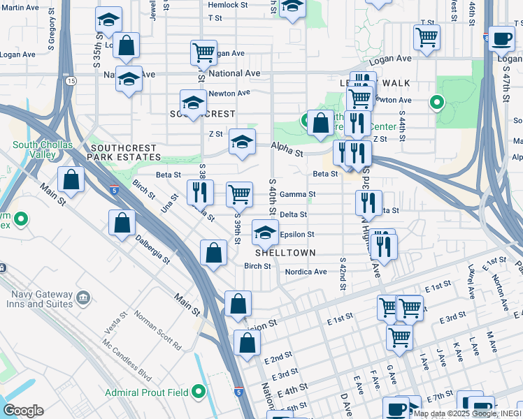 map of restaurants, bars, coffee shops, grocery stores, and more near 3933 Gamma Street in San Diego