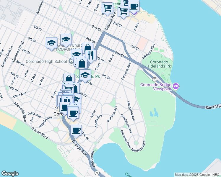 map of restaurants, bars, coffee shops, grocery stores, and more near 611 Adella Lane in Coronado