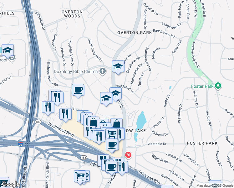 map of restaurants, bars, coffee shops, grocery stores, and more near 4761 Fieldcrest Drive in Fort Worth
