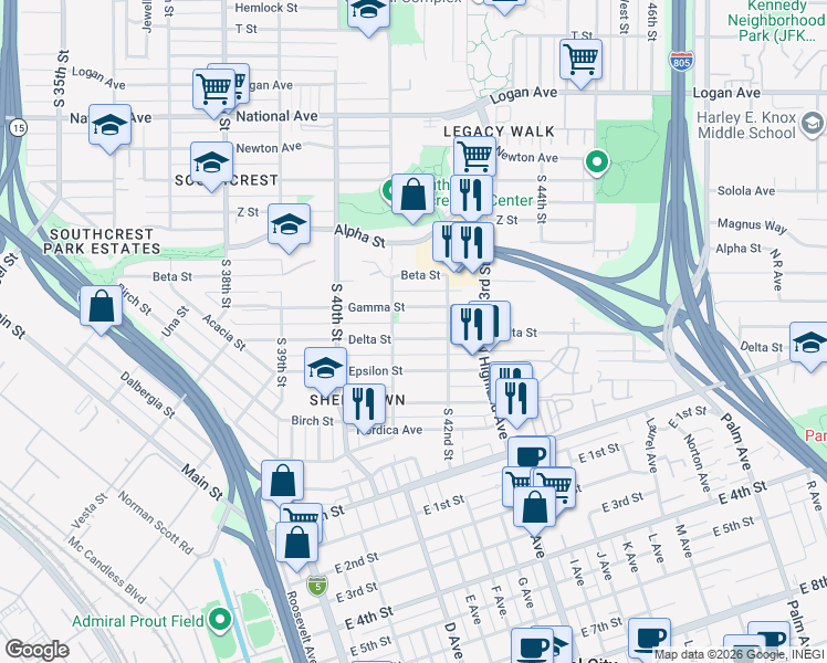map of restaurants, bars, coffee shops, grocery stores, and more near 4143 Gamma Street in San Diego