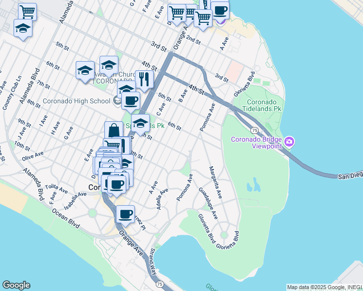 map of restaurants, bars, coffee shops, grocery stores, and more near 611 Adella Lane in Coronado