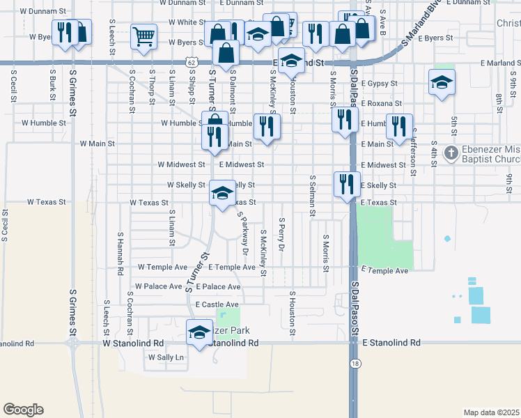 map of restaurants, bars, coffee shops, grocery stores, and more near 1117 South Fowler Street in Hobbs