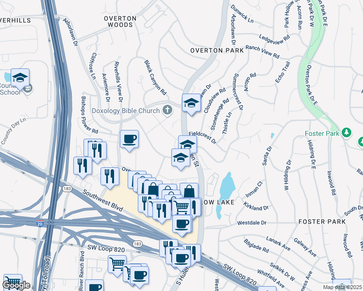 map of restaurants, bars, coffee shops, grocery stores, and more near 4001 Library Lane in Fort Worth