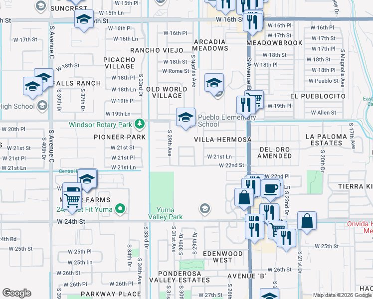 map of restaurants, bars, coffee shops, grocery stores, and more near 2700-2798 W 21st Pl in Yuma