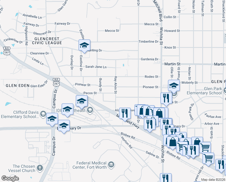 map of restaurants, bars, coffee shops, grocery stores, and more near 2924 Pioneer Street in Fort Worth