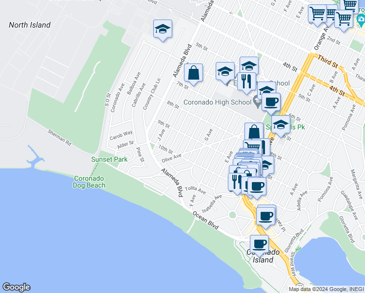 map of restaurants, bars, coffee shops, grocery stores, and more near 944 H Avenue in Coronado
