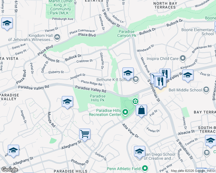 map of restaurants, bars, coffee shops, grocery stores, and more near 6651 Plaza Ridge Road in San Diego