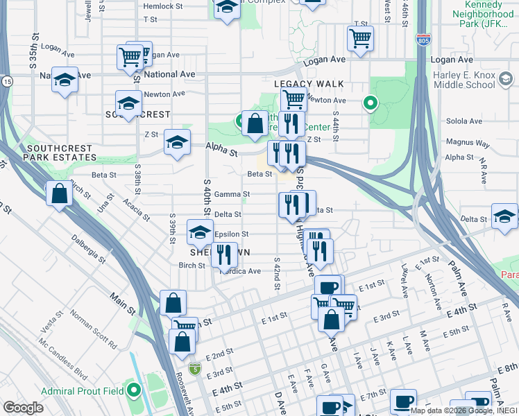map of restaurants, bars, coffee shops, grocery stores, and more near 4144-46 Delta Street in San Diego