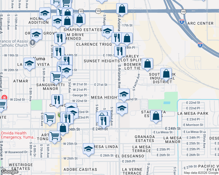 map of restaurants, bars, coffee shops, grocery stores, and more near 2091 South Maple Avenue in Yuma
