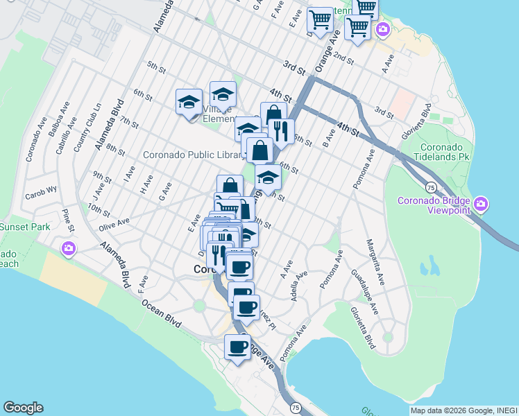 map of restaurants, bars, coffee shops, grocery stores, and more near 707 Orange Avenue in Coronado