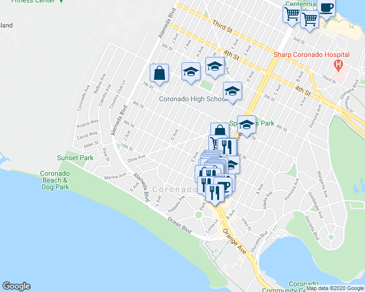 map of restaurants, bars, coffee shops, grocery stores, and more near 861 G Avenue in Coronado