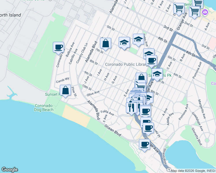map of restaurants, bars, coffee shops, grocery stores, and more near 600 9th Street in Coronado