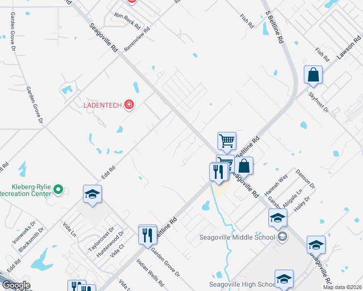 map of restaurants, bars, coffee shops, grocery stores, and more near 14700 Seagoville Road in Dallas