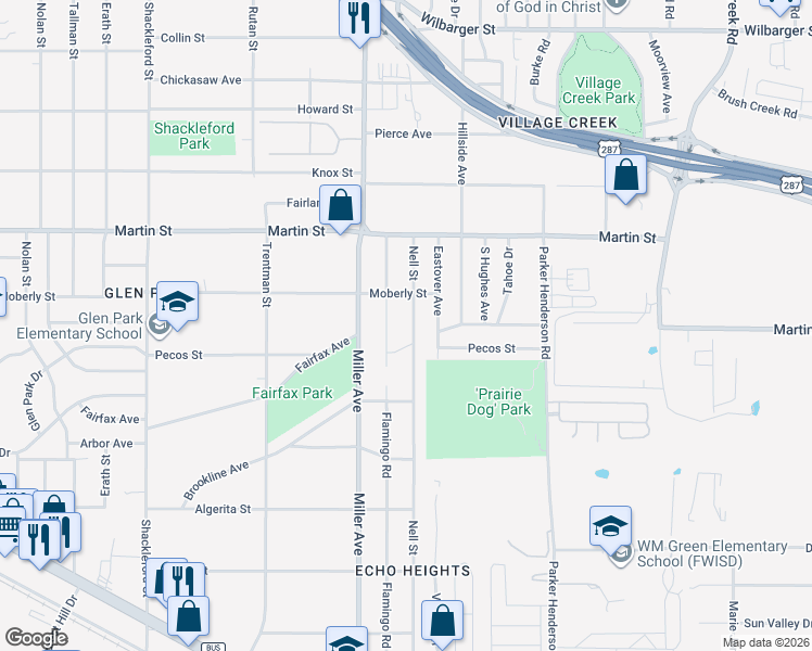 map of restaurants, bars, coffee shops, grocery stores, and more near 4909 Flamingo Road in Fort Worth
