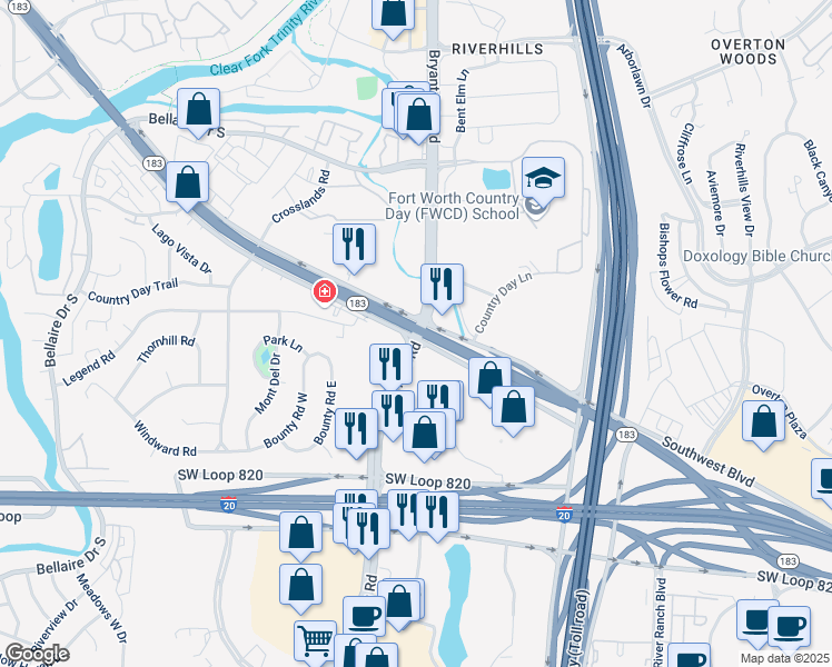 map of restaurants, bars, coffee shops, grocery stores, and more near 6168 Texas 183 in Benbrook