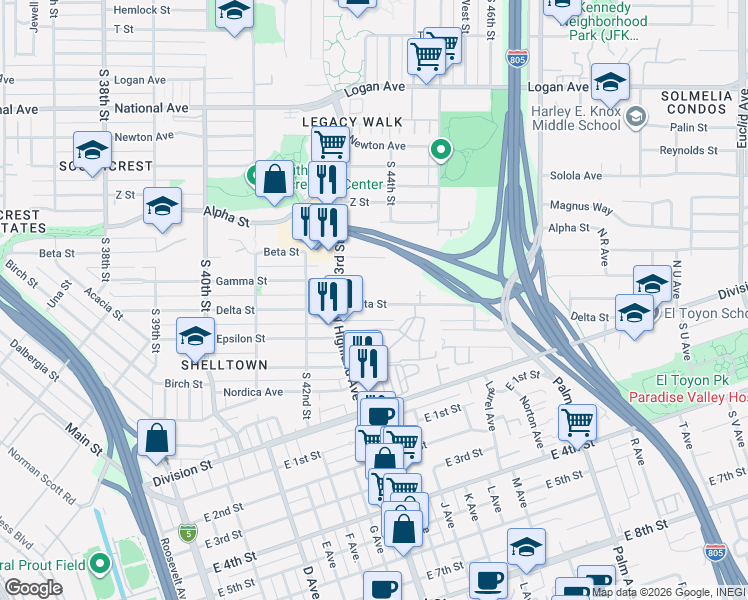 map of restaurants, bars, coffee shops, grocery stores, and more near 4352 Delta Street in San Diego