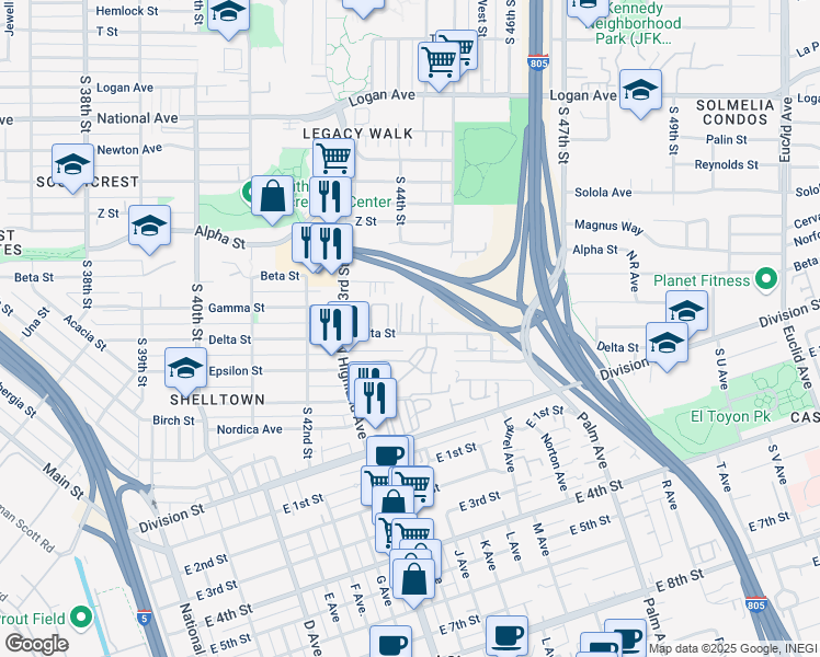 map of restaurants, bars, coffee shops, grocery stores, and more near 4398 Delta Street in San Diego