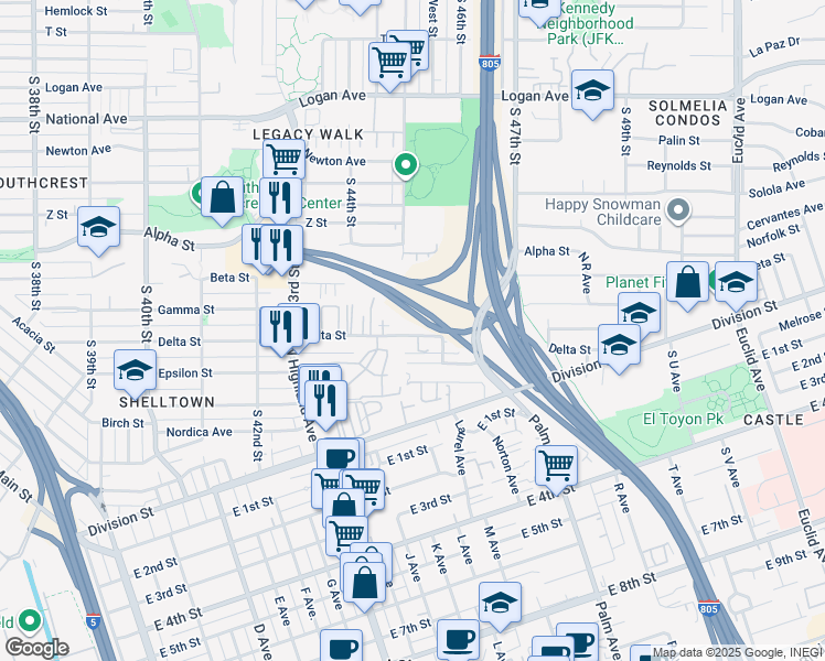 map of restaurants, bars, coffee shops, grocery stores, and more near 4512 Delta Street in San Diego