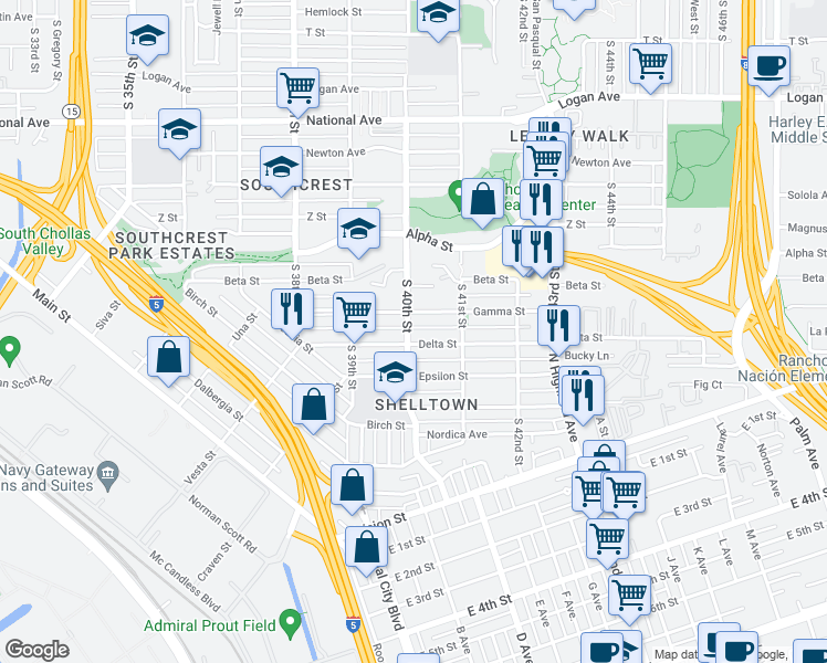 map of restaurants, bars, coffee shops, grocery stores, and more near 1641 South 40th Street in San Diego