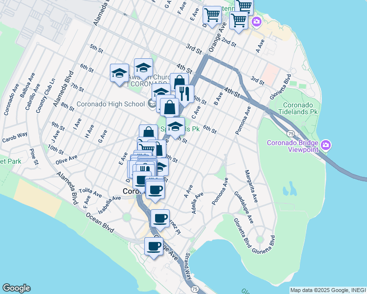 map of restaurants, bars, coffee shops, grocery stores, and more near in Coronado