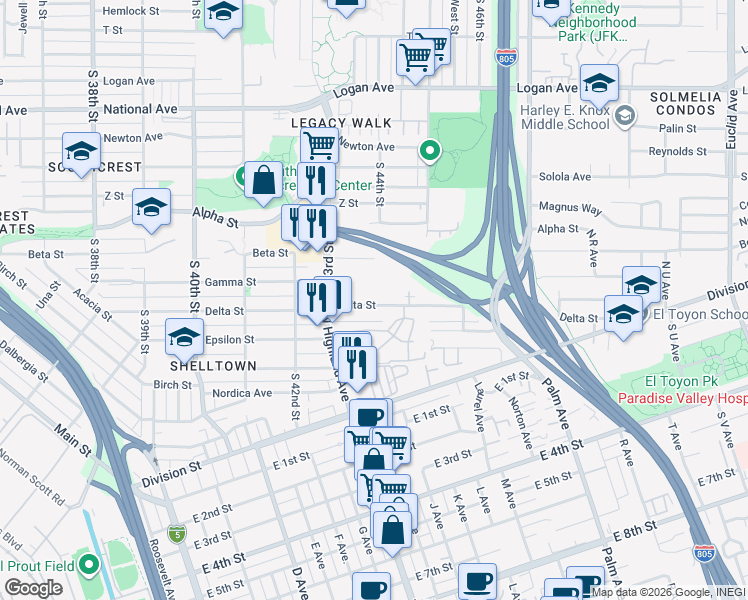 map of restaurants, bars, coffee shops, grocery stores, and more near 4390 Delta Street in San Diego