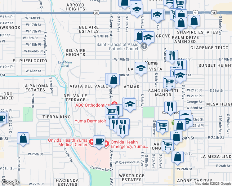 map of restaurants, bars, coffee shops, grocery stores, and more near 2062 South 11th Avenue in Yuma