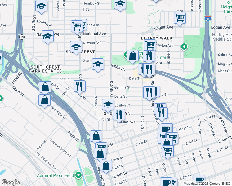 map of restaurants, bars, coffee shops, grocery stores, and more near 4028 Delta Street in San Diego
