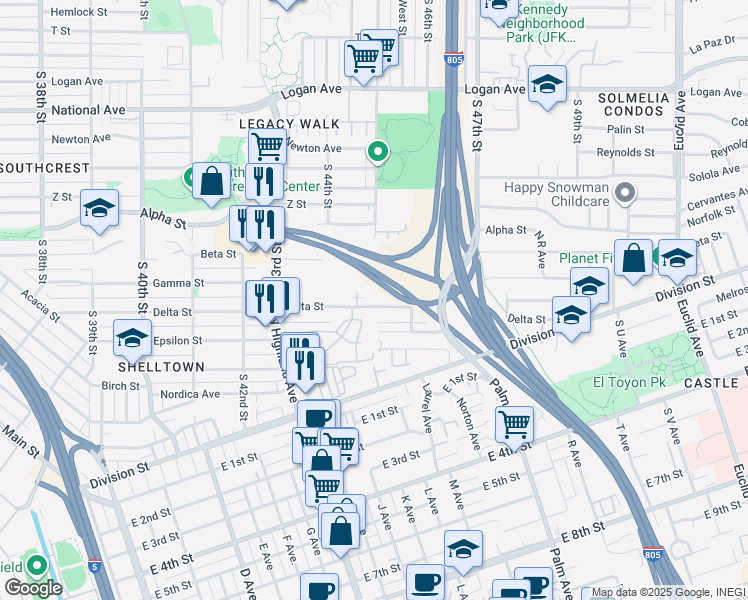 map of restaurants, bars, coffee shops, grocery stores, and more near 4460 Delta Street in San Diego