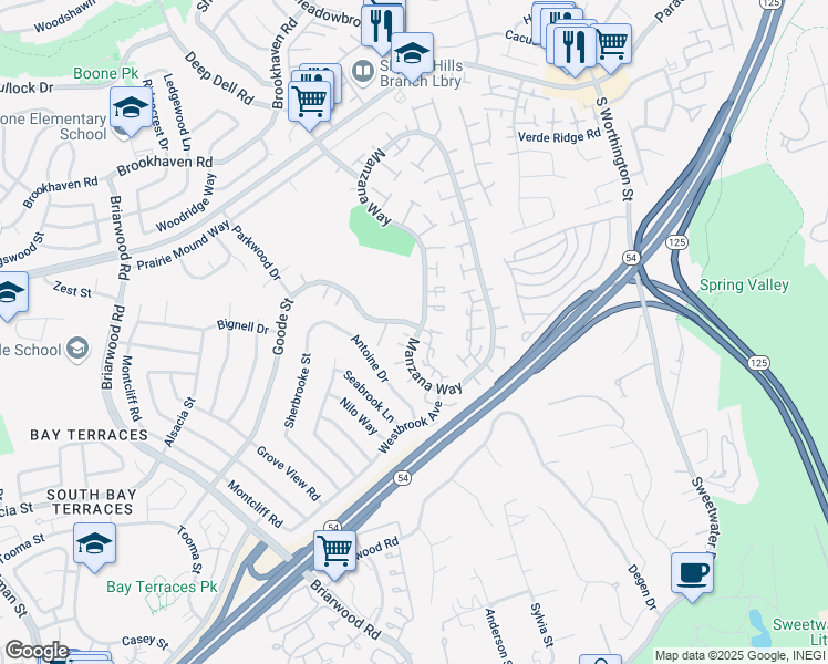 map of restaurants, bars, coffee shops, grocery stores, and more near 1614 Manzana Way in San Diego